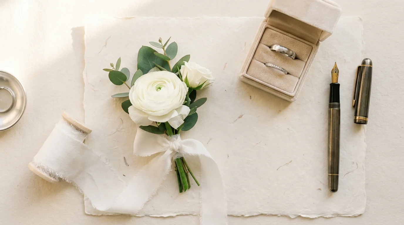 結婚式の予算管理とリング・万年筆の上品なフラットレイ