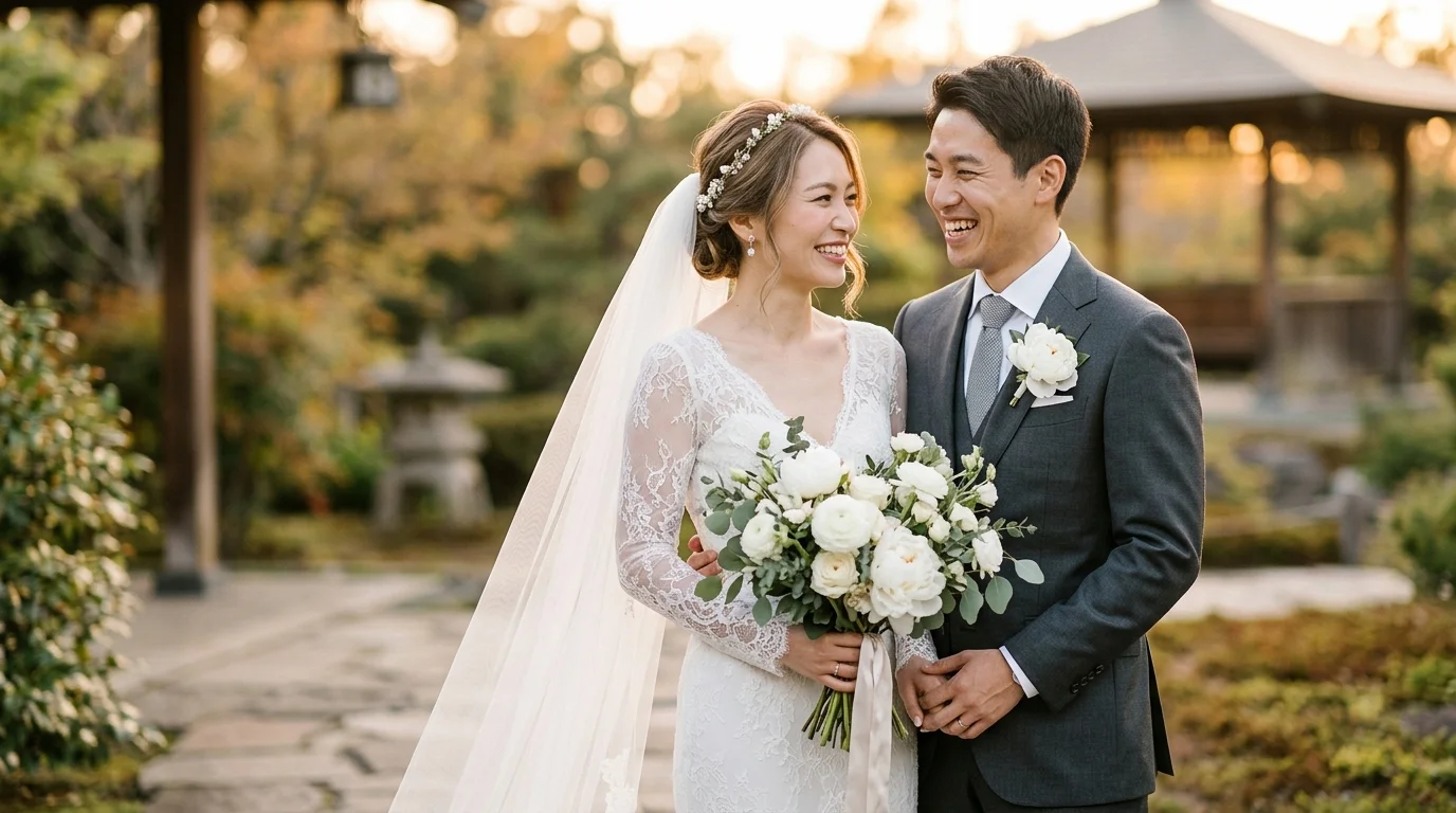 笑顔で寄り添う日本の新郎新婦と美しいウェディングブーケ